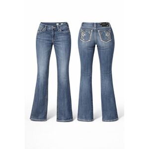 Miss Me Jeans  Boot Mid rise WOMEN 30 STUDDED EMBELISHED WHISKERING THICK STITCH